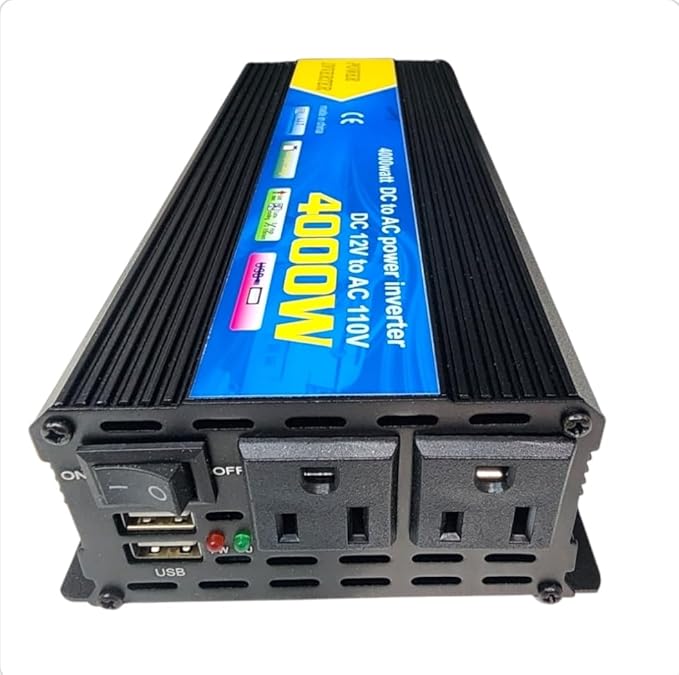High-Power DC to AC Power Inverter – 12V to 110V/120V Converter with Dual USB Ports, Dual AC Outlets, Cigarette Lighter Adapter, Battery Cable for Cars, Trucks, RVs, Camping,Home Backup (Black, 4000W)