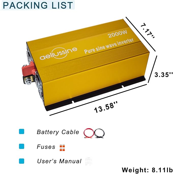 2000W Pure Sine Wave Inverter-12V DC to 110V 120V AC Power Converter with 2 AC Outlets, 12 Volt Power Inverter for Truck, Rv, Camping, Home, Emergency Power