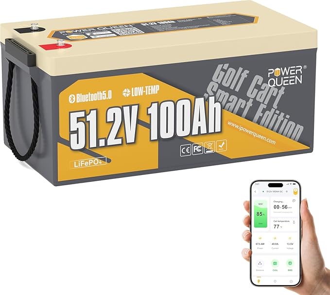 Power Queen LiFePO4 Battery 48V 100Ah Lithium Golf Cart Battery, Lithium Battery with Bluetooth 5.0, Built-in 200A Smart BMS with Low-temp Protection for 5kW Motor Golf Carts Club Car DS E-Z-Go TXT
