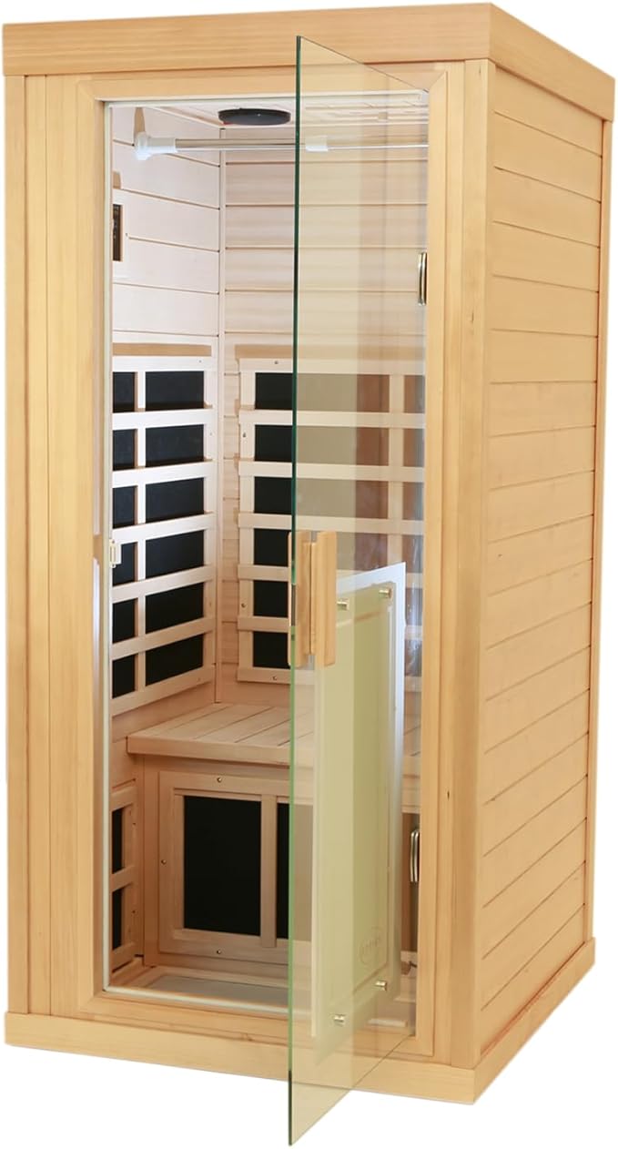1 Person Infrared Sauna Indoor Sauna Room for Home, 8pcs Infrared Carbon Heating Panels, Hemlock Personal Saunas with Clothing Hanging Rod, LCD Display, Blue-Tooth, LED Reading Lamp