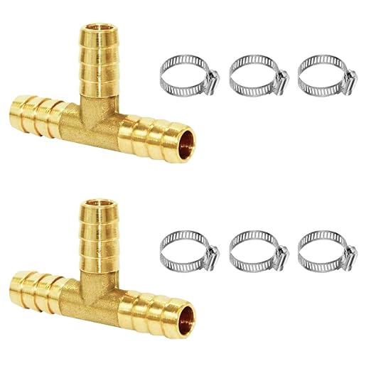 Joywayus 1/4" Brass Barb Tee Fittings T-Shaped 3 Ways Union 1/4" Hose Barb Pipe Fitting with 6pcs Stainless Steel Pipe Clamp for Water/Fuel/Air (Pack of 2)