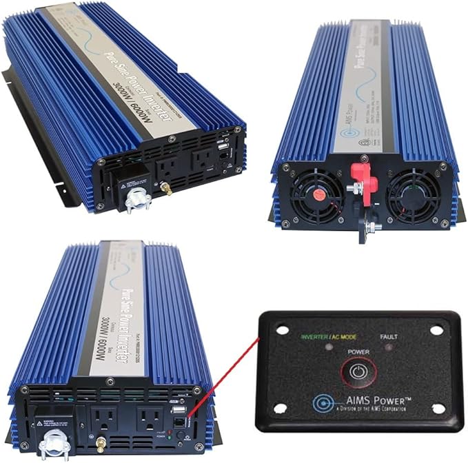 AIMS Power 3000 Watt / 6000 Watt Peak Pure Sine Power Inverter 12 Volt DC to 120 Volt AC ETL Listed with Remote