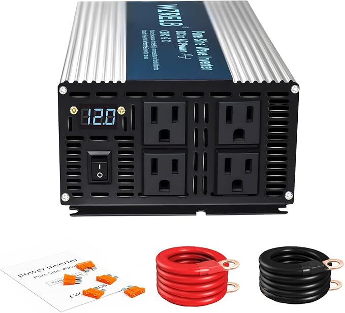 WZRELB 1800W Pure Sine Wave Inverter 12V DC to 110V 120V AC Power Converter with LED Display, Off-Grid Portable Power Inverter with 4 AC Outlets for Home, RV, Truck, Camping