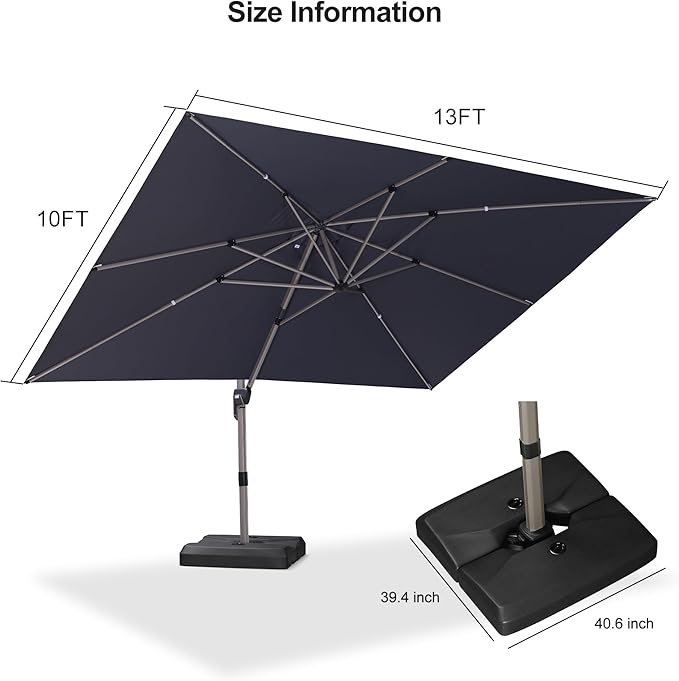 PURPLE LEAF Patio Umbrella with Base Included, 10‘×13’ Outdoor Aluminum Cantilever Umbrella with 360° Rotation, Aluminum Large Offset Umbrella for Outdoor Garden Pool, Grey