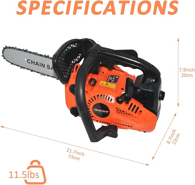 26cc Gas Chainsaw, 2-Cycle Top Handle Petrol Handheld Cordless Chain Saw, 12 Inch Professional Power Chain Saws, Great For Tree Felling, Limbing, Pruning, and Firewood
