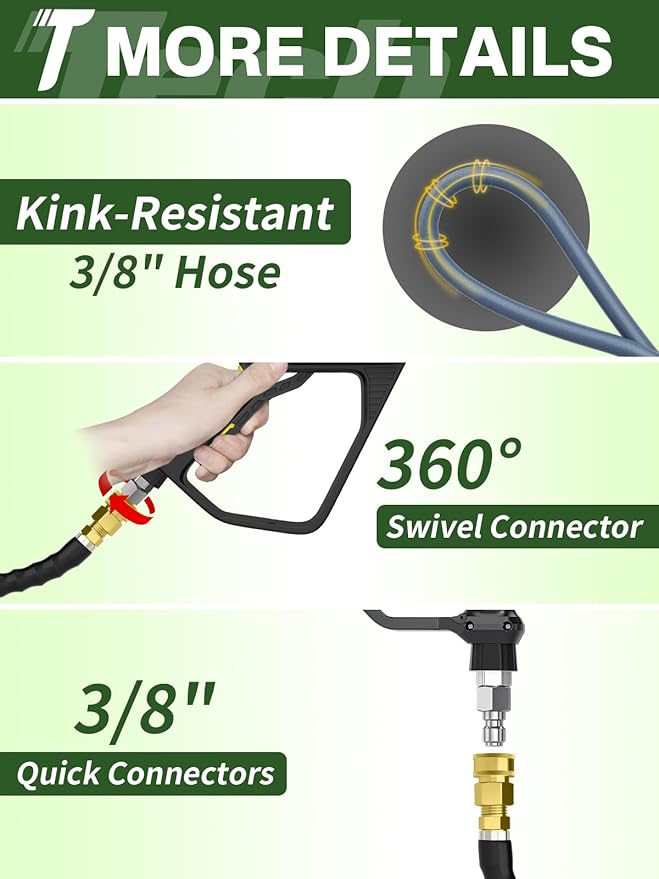 3/8" 4800PSI Pressure Washer Hose 50FT with Swivel Quick Connect for Cold/Hot Water Max 248°F, Kink Resistant Steel Wire Braided, Wear Resistant Power Washer Hose with M22 14mm Adapter