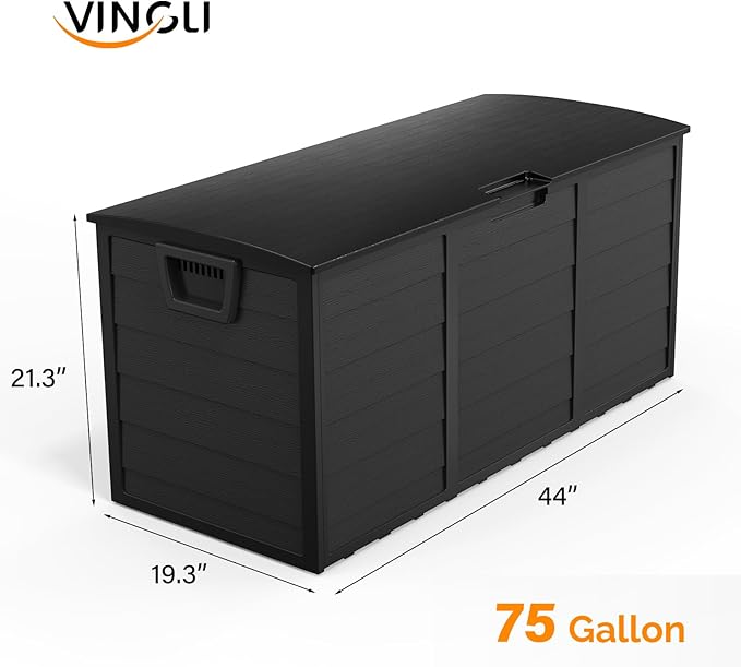 VINGLI 75 Gallon Outdoor Storage Box, Lockable Plastic Storage Containers with Lid, Patio Deck Box Furniture for Garden, Pool, Balcony, Yard (Full Black)