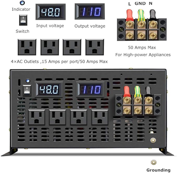 WZRELB 6000W 48V 110V-120VPure Sine Wave Power Inverter with 4 AC Outlets,Bipolar High-Frequency Inverter