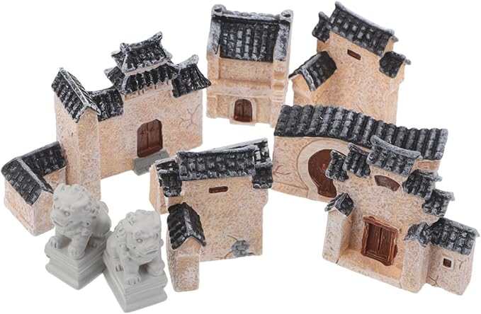 DECHOUS 10Pcs Miniature Village House: Resin Miniature Fairy Garden Houses with Chinese Stone Lion Statue - Micro Landscape Cottage Ornaments Kit for DIY Garden Bonsai Terrarium