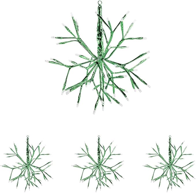 Alpine Corporation 10" H Indoor Christmas Twig 3D Hanging Snowflake Ornament with LED Lights, Green, Christmas Decoration (Pack of 4)