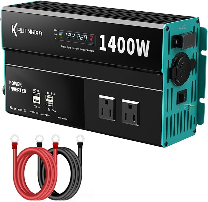 Power Inverters 12V DC to 110V AC Converter for Vehicles USB-C/PD 25W Fast Charging Ports Car Charger Adapter with a Cigarette Lighter Ports Plug Outlet (Modified sine wave-1400W)