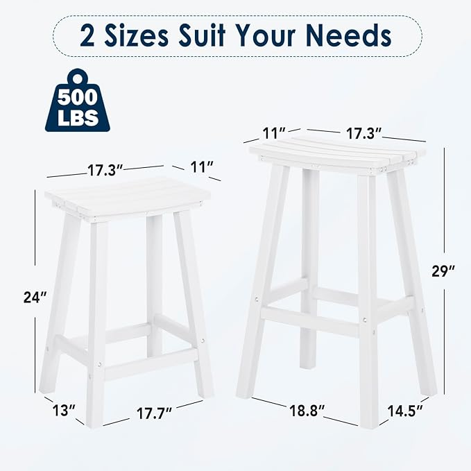 nalone 24 Inch Outdoor Bar Stool, HDPE Bar Chairs with Footrest, Weather Resistant Waterproof Bar Stools Outside Bar Height Stools for Bar, Kitchen Counter, Yard, Balcony(White, 24'' Barstools)