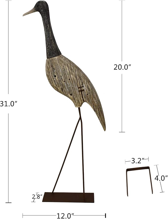 Morning View Wooden Crane Decor Wood Sea Birds Statue Bird Figurines Seabird Statue Standing Cranes Decorations Coastal Sculpture Nautical Beach Ocean Home Table Garden Yard Lawn Outdoor 31 Inch