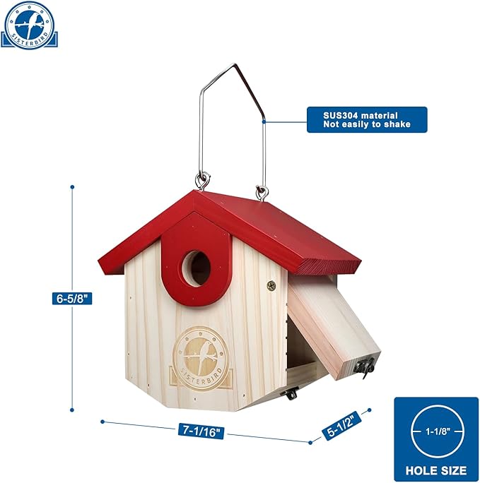 Wren Bird Houses for Outside Cedar Hanging Birdhouses for Outdoors 1-1/8" Entrance Hole Bird Houses for Outside Clearance Wooden Nesting Box Chickadee Predator Guard, Red