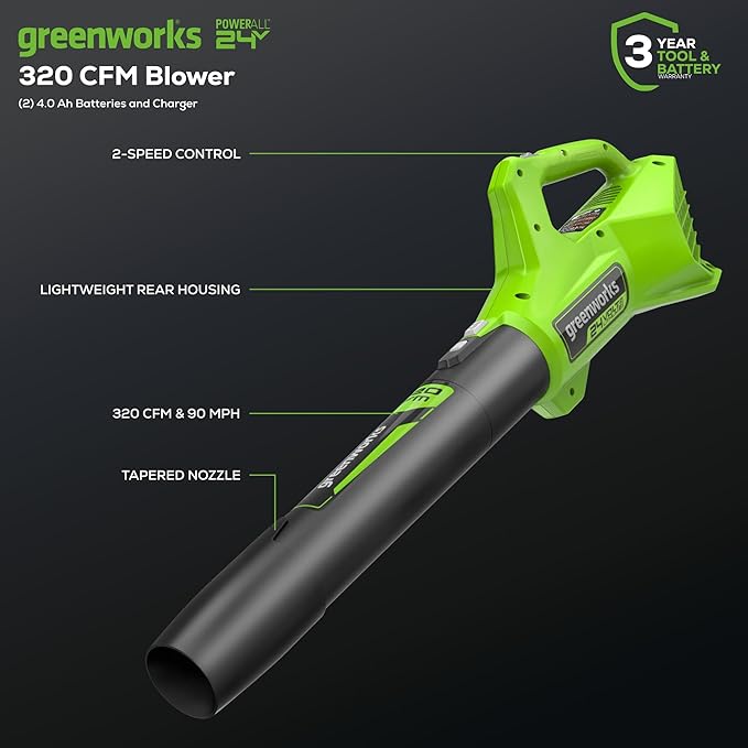 Greenworks 48V (24V x 2) 17" Brushless Mower+12" String Trimmer +320CFM Blower,(2) 4.0Ah Batteries and 2A Dual Port Charger