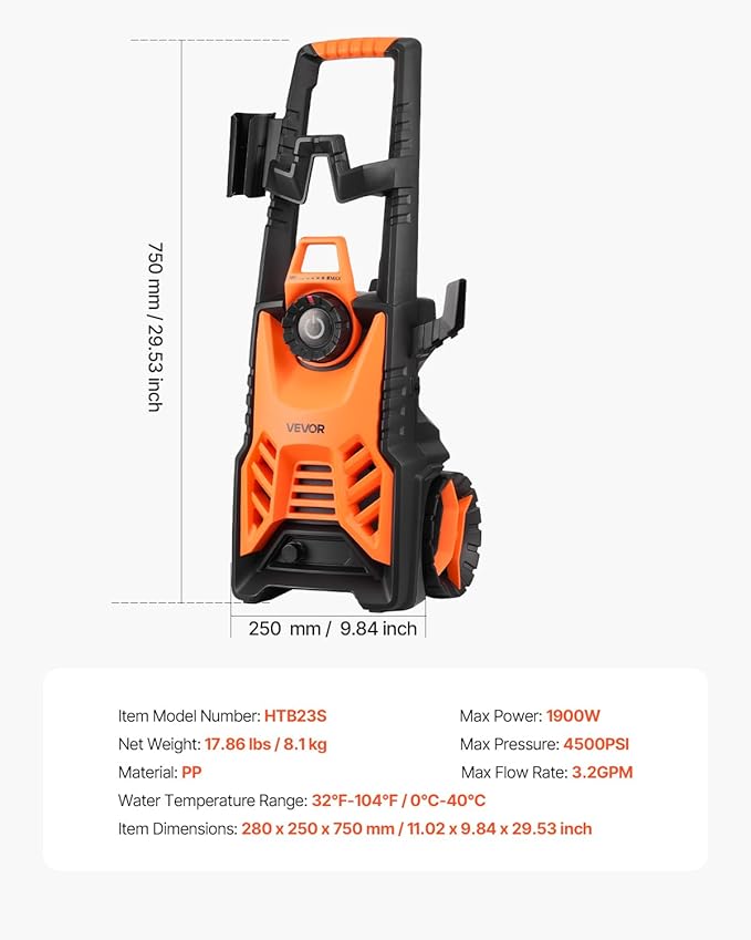 VEVOR Electric Pressure Washer, Max 4500 PSI and 3.2 GPM with Pressure Adjustment, High Power Pressure Cleaning Machine with 4 Quick Connect Nozzles, for Cars/Fences/Driveways/Patios/Home Cleaning