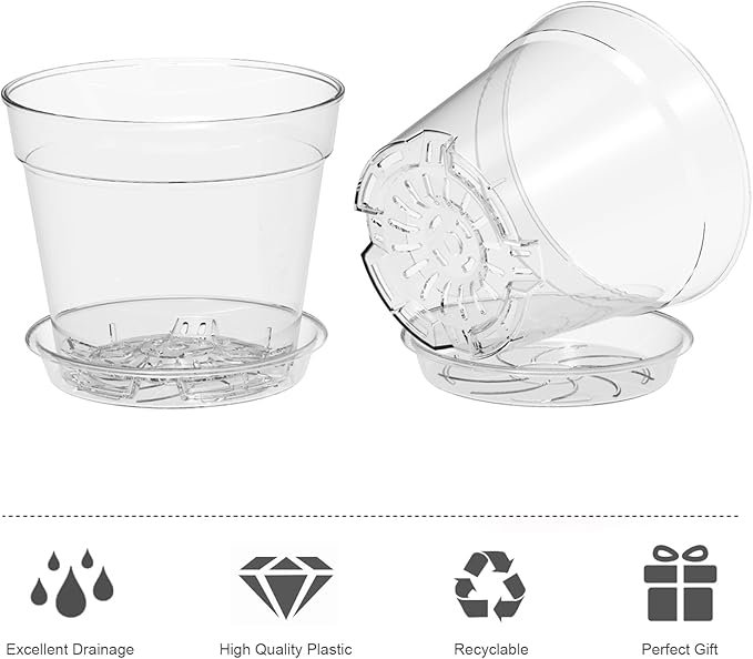 4 Inch Clear Nursery Pots, Set of 8 Transparent Plant Flower Pots for Small Indoor Plants with Drainage Holes & Trays, Plastic Seedling Starter Pots for Various Plants