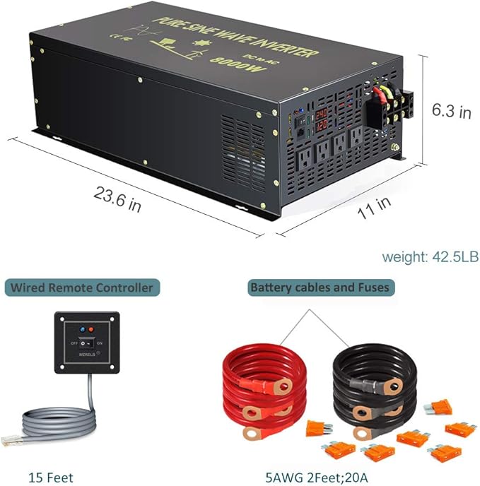 Reliable 8000W Continuous Power Heavy Duty Pure Sine Wave Power Inverter DC 24V to AC 120V with 4 AC Outlets Remote Control 66A Hardwire Terminal and LED Display for RV Car Solar System Emergency