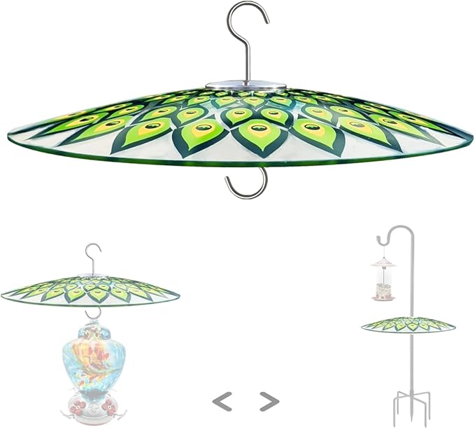 13" Glass Rain Cover for Bird Feeder Outdoors - Baffle on Shepherd Pole/Post or S Hook Hanging - Large Weather Guard Protective Dome - Dia. 33CM - Peacock Feather