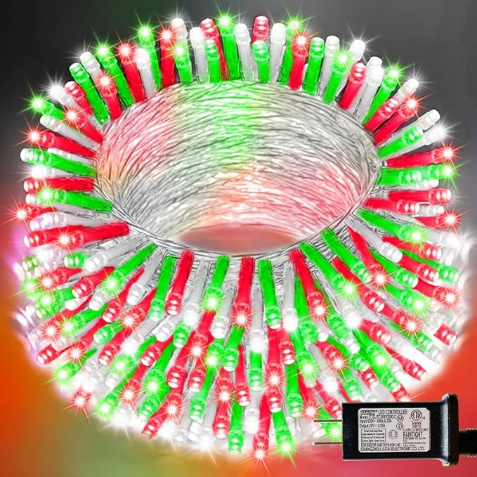 66ft Christmas Decorative Mini Lights, 200 LED Transparent Wire Fairy Starry String Lights Plug in, 16 Lighting Modes for Outdoor Xmas Tree Wedding Party Decoration (Red Green White)