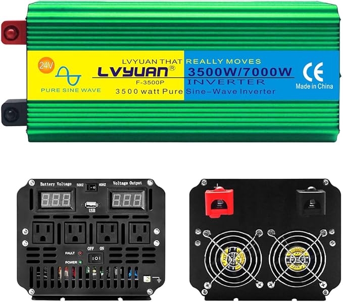 LVYUAN 3500W Pure Sine Wave Inverter DC 24V to AC 110V/120V Car Inverter with 4 AC Outlets USB Port for Camping/Truck/RV/Solar System/Travel Camping