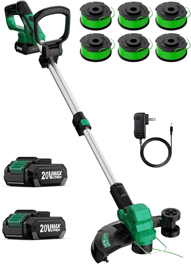 KIMO 12 Inch Cordless Weed Wacker Battery Operated w/ 2 x 2.0Ah Batteries, 2-in-1 String Trimmer & Edger with Charger & Wheels, 6pcs Replacement Spools, Fast Charger, 20V Weed Trimmer for Lawn Yard