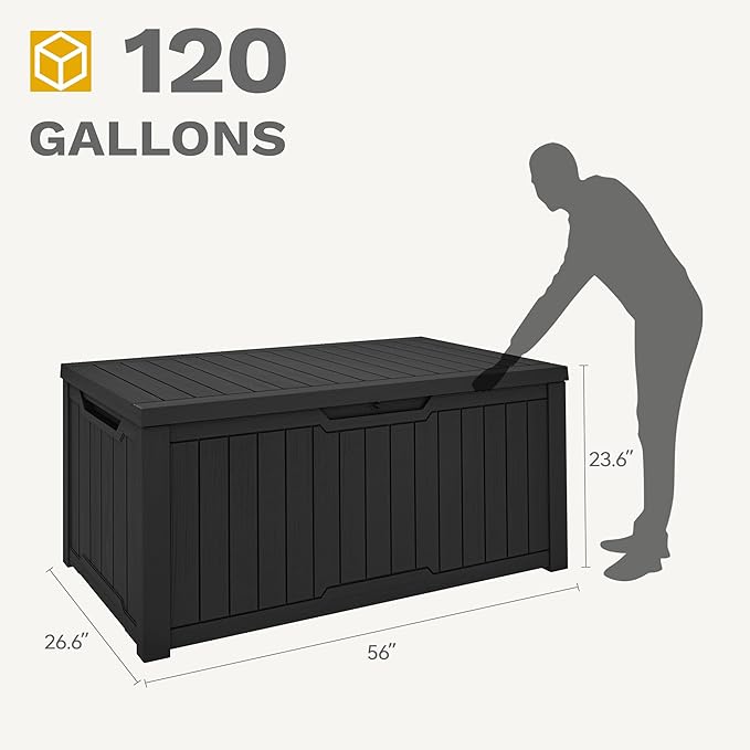 DWVO 120 Gallon Large Deck Box, Outdoor Lockable Storage Bin for Gardening Tools, Patio Cushions, Waterproof Resin (Black)