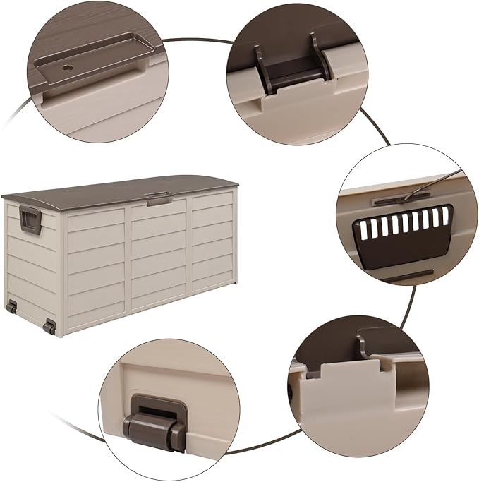 75 Gallon Resin Deck Box, Waterproof Outdoor Storage Box with Wheels, Lockable Lid and Handles, Large Deck Storage for Outdoor Gear, Patio Furniture Cushion, Gardening Tools, Brown