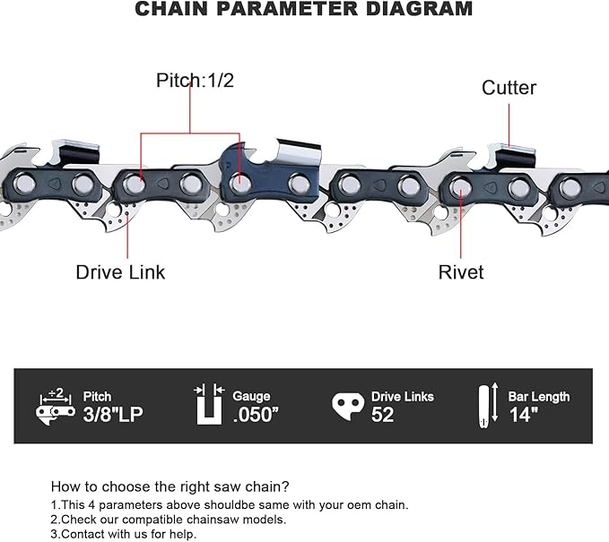3-Pack 14 Inch Chainsaw Chain for Ryobi RY3714, RY405010, RY40503, RY405100, RY40530, RY43006 Chainsaw - 3/8"LP - .050" - 52 DL