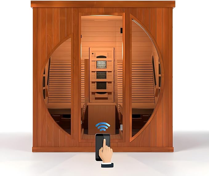 ZONEMEL Infrared Wi-Fi Remote Control Sauna with Recliner, Red Cedar Wooden Luxury Indoor Sauna Room with 9 Heating Panels, Full Spectrum, Oxygen Bar, 3400 Watt, 220V, 7-Color Light