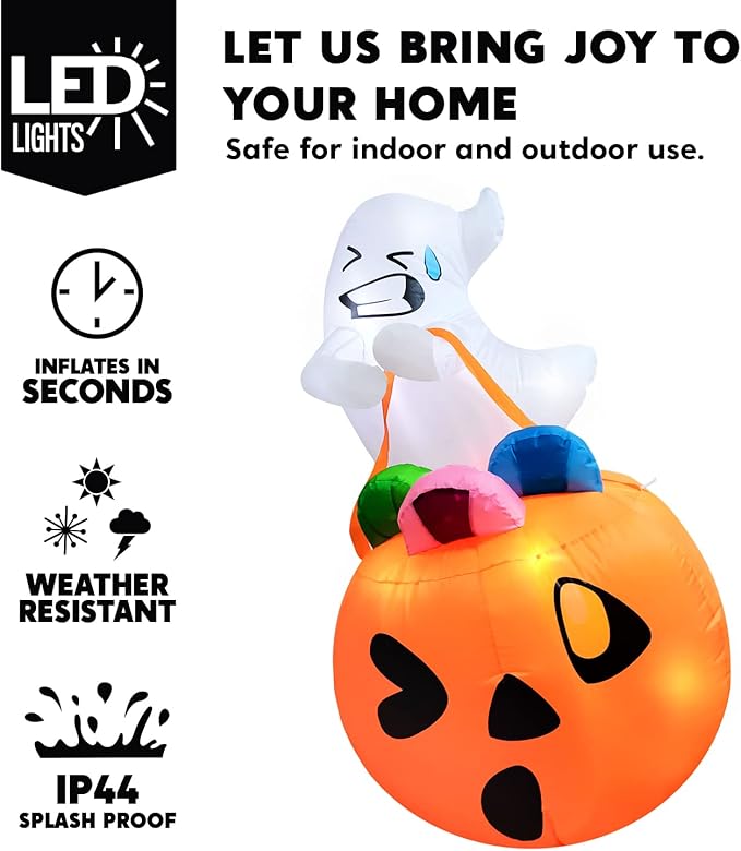 Joiedomi 5 FT Tall Halloween Inflatables Outdoor Decorations, Inflatable Cute Ghost Halloween Decor Outdoor, Blow Up Ghost Lift Pumpkin Candy Bag with Build-in LEDs for Yard Decorations