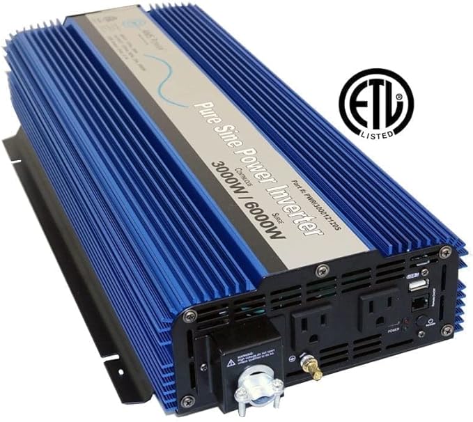 AIMS Power 3000 Watt / 6000 Watt Peak Pure Sine Power Inverter 12 Volt DC to 120 Volt AC ETL Listed with Remote
