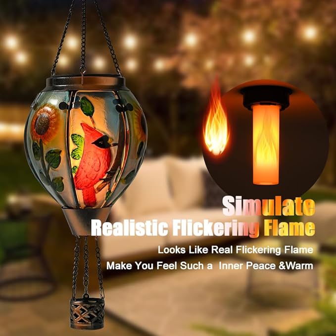 Hot Air Balloon Solar Lantern - Cardinal Bird Glass Lantern, Simulated Flickering & Dancing Flame, Outdoor Hanging Yard Light Waterproof IP65 for Patio Lawn Porch Decor Gift