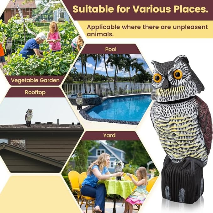 Fake Owl Decoys to Scare Birds Away, Waterproof 360° Rotating Head Hawks & Squirrel Deterrent, Patio Decoration Pest Control, Garden Owl Decoy for Outdoor Yard Patio Pools