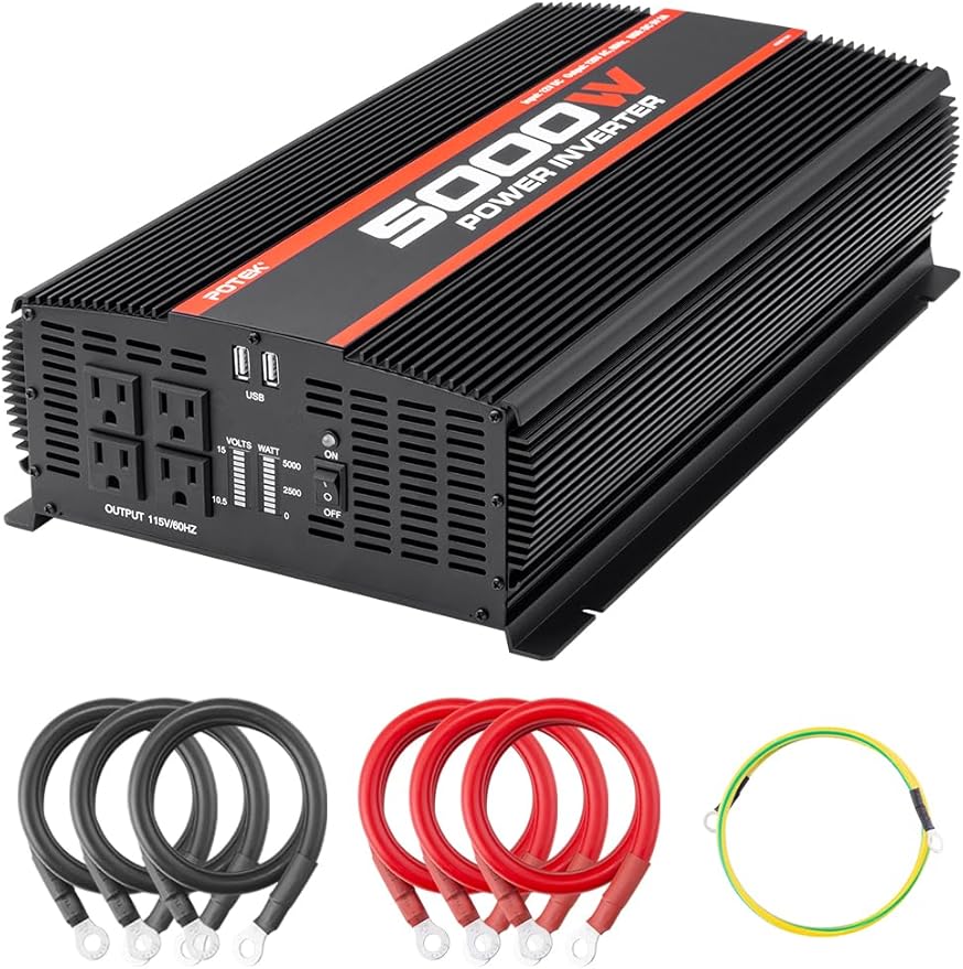 POTEK 5000W Power Inverter 4 AC Outlets 12V DC to 110V AC Car Inverter with 2 USB Ports Black