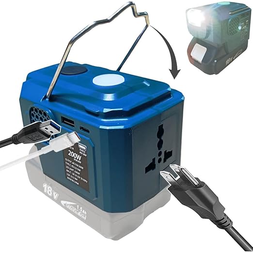 UIRSTY 200W Power Inverter for Makita 18V Battery, DC 20V to AC 110-120V Battery Inverter, Battery Powered Outlet with 1 USB Port & 1 Type-C & 1 AC Outlet,LED Portable Power Station Charger Adapt