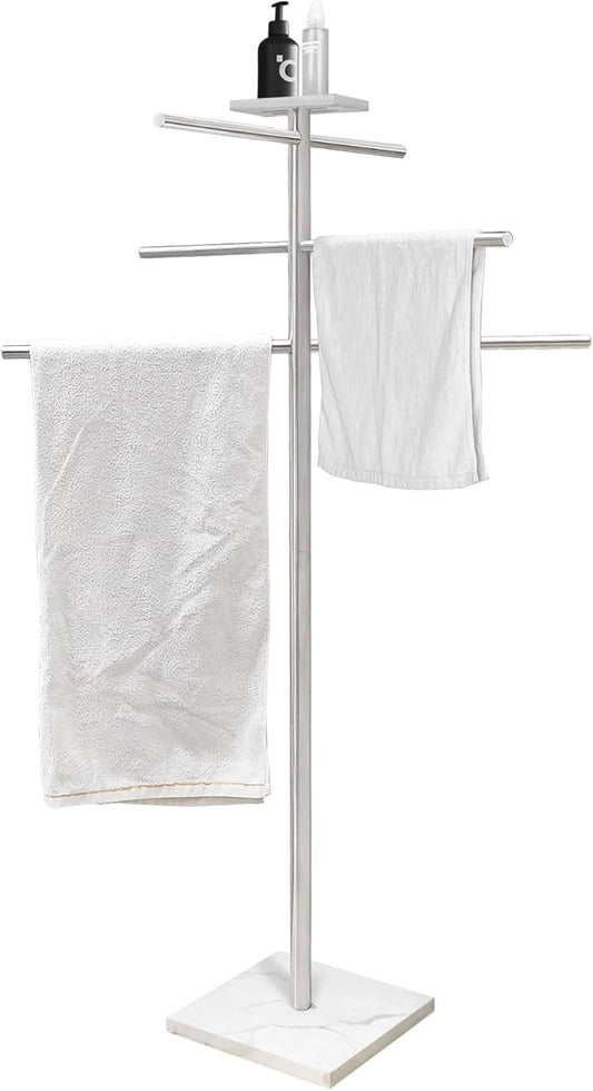 Marble Base Towel Rack for Swimming Pool, Hot Tub Or Spa, 304 Stainless Steel 6 Arms Standing Towel Holder with Tray for Indoor or Outdoor Towel Sheet Drying Rack Brushed Nickel