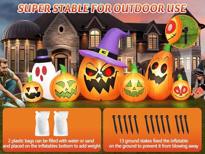 Danxilu 8FT Long Halloween Inflatables Outdoor Decorations, Haunted Inflatable Pumpkins with Witch Hat & Ghost Combo Blow Up Yard Decoration Built-in LEDs Lighted for Lawn Garden Outside Indoor Decor