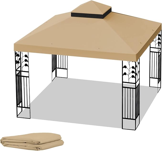 10x10 Ft Gazebo Canopy Replacement Cover, Double Tiered Gazebo Replacement Top (Khaki)