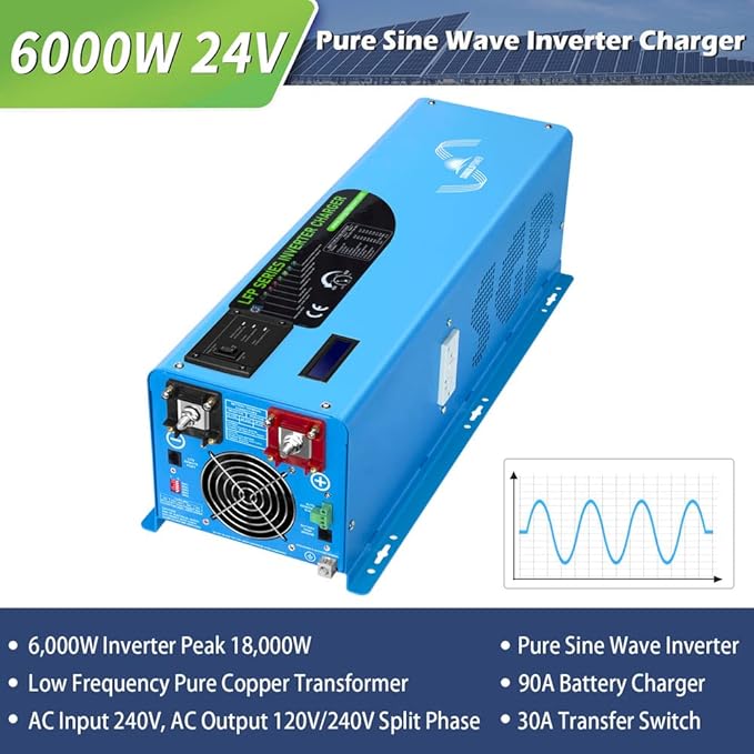 SUNGOLDPOWER 6000W 24 Vdc Inverter Charger,Peak 18000w,240 Vac Input, 120V/240V AC Output Split Phase,Low Frequency,Pure Sine Wave with LCD Remote Controller(Updated Version) Blue