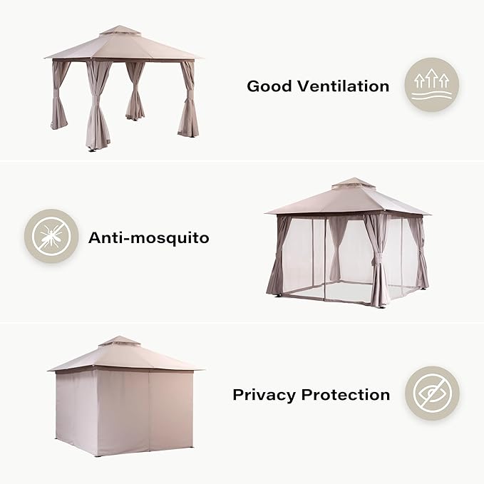 Outdoor Patio Gazebo 8FT, Heavy Duty Party Tent & Shelter with 2-Tier Roof and Expansion Bolts, Mosquito Nettings and Privacy Screens for Backyard, Garden, Poolside, Khaki