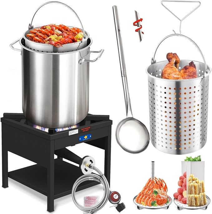 ARC 40QT Seafood Boiling Kit, 200,000BTU Propane Burner and 36" Large Spoon, Crawfish Boil Pot w/Basket and Steamer Rack, Outdoors Cooking and Steaming, Large Turkey Fryer Pot, Lobster Shrimp Pot
