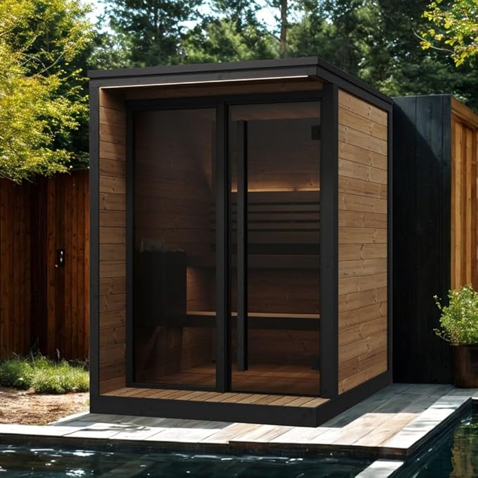 GL4 Outdoor Sauna Kit, Garden Luxury-Series Outdoor DIY Sauna Kit, Thermo-Spruce, up to 4 Persons Bundles (Sauna Heater and Sauna Stones Included) (HIVE MINI 6 WiFi - Mirror)