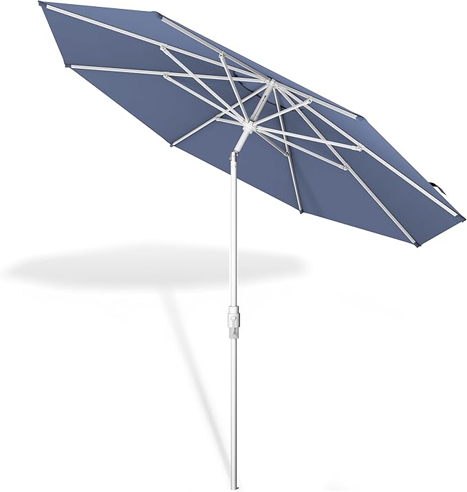 Midtown Umbrellas The Swilt 10 Feet Patio Umbrella in Terylast Light Navy Polyester Fabric - Fiberglass Ribs, Auto-Tilt Aluminum Frame For Backyard, Deck, Garden, Pool - White Pole