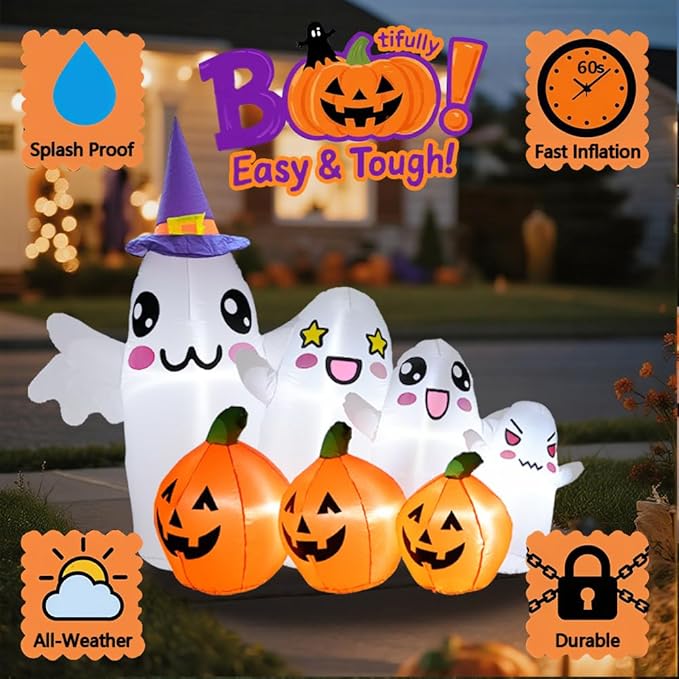 GARIG 7.2FT Halloween Inflatables Outdoor Decorations Ghost and Pumpkin Build-in LEDs Lights Blow Up Yard Decorations for Garden Lawn Indoor Party Holiday Decor