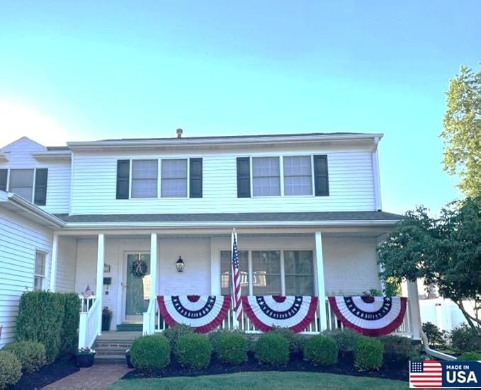 American Pleated Fan Flag Bunting. 3 x 6 ft Embroidered Stars & Sewn Stripes USA Indoor/Outdoor Nylon Bunting Banner. Perfect for July 4th and America 250 events. 100% Made in America by Old Glory Bunting