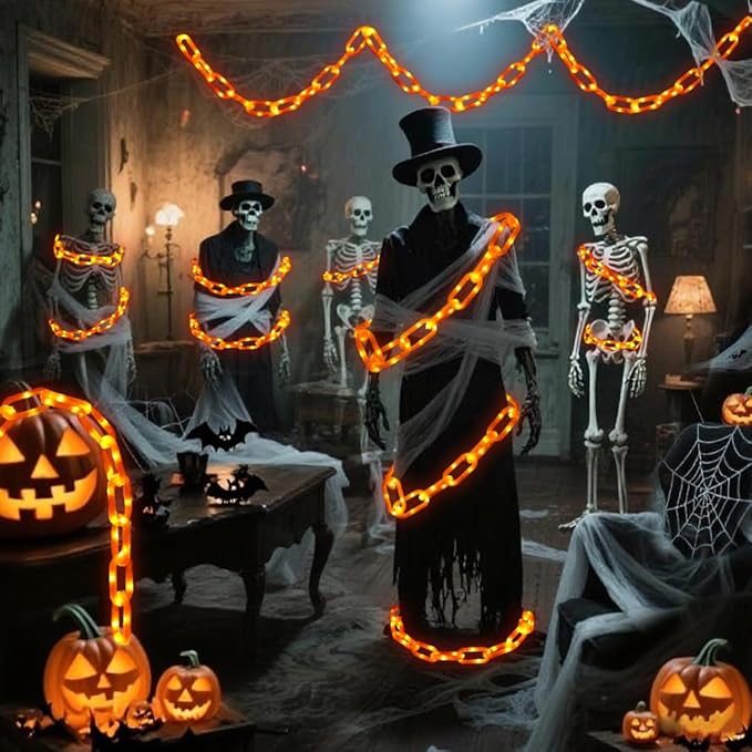 10Ft Halloween Chain String Light Decorations Outdoor Indoor, 160 LED Lights with 8 Modes Waterproof Lighted Prop Chains for Halloween Party Favors Yard Haunted House Spooky Decor(Orange)