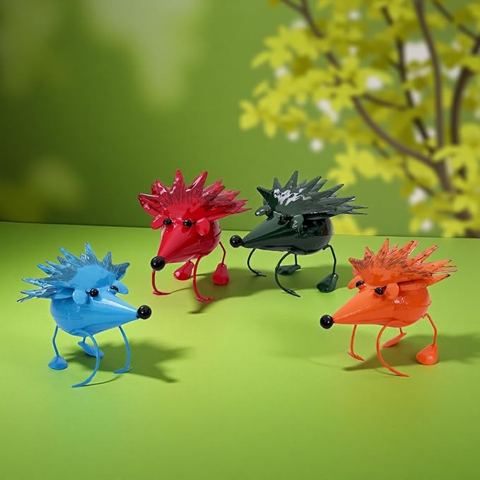 Cute Metal Hedgehog Statues (4PCS) Garden Figurines Outdoor Yard Ornaments for Patio Lawn Flower Beds Farmhouse Home Decor