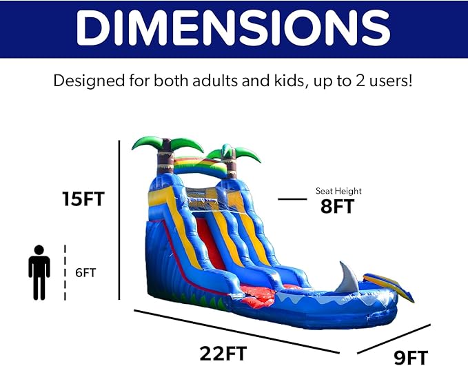 HeroKiddo 15’ Ocean Shark Commercial Grade Lightweight Premium Water Slide with Detachable Pool for Kids and Adults (with Blower), Wet Dry Combo, Big Inflatable, Outdoor Indoor, Birthday Party Rental