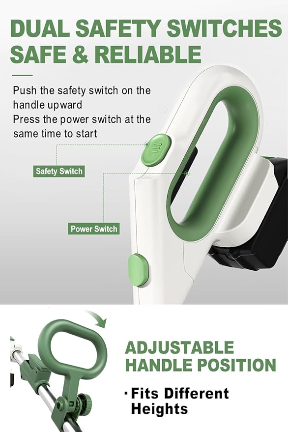 Cordless String Trimmer, Foldable Design with Adjustable Handle Trimmer Lawn, Weed Wacker with 2 x Batteries, Safe Reliable Edger Lawn Tool, Electric Weed Eater, White Green